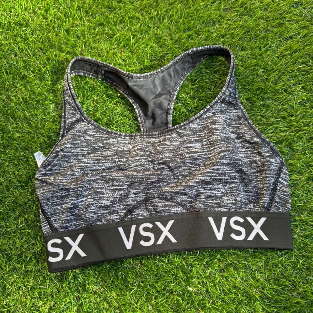 Victoria's Secret VSX Sports Bra Black Gray Space Dye Racerback Logo Band Medium